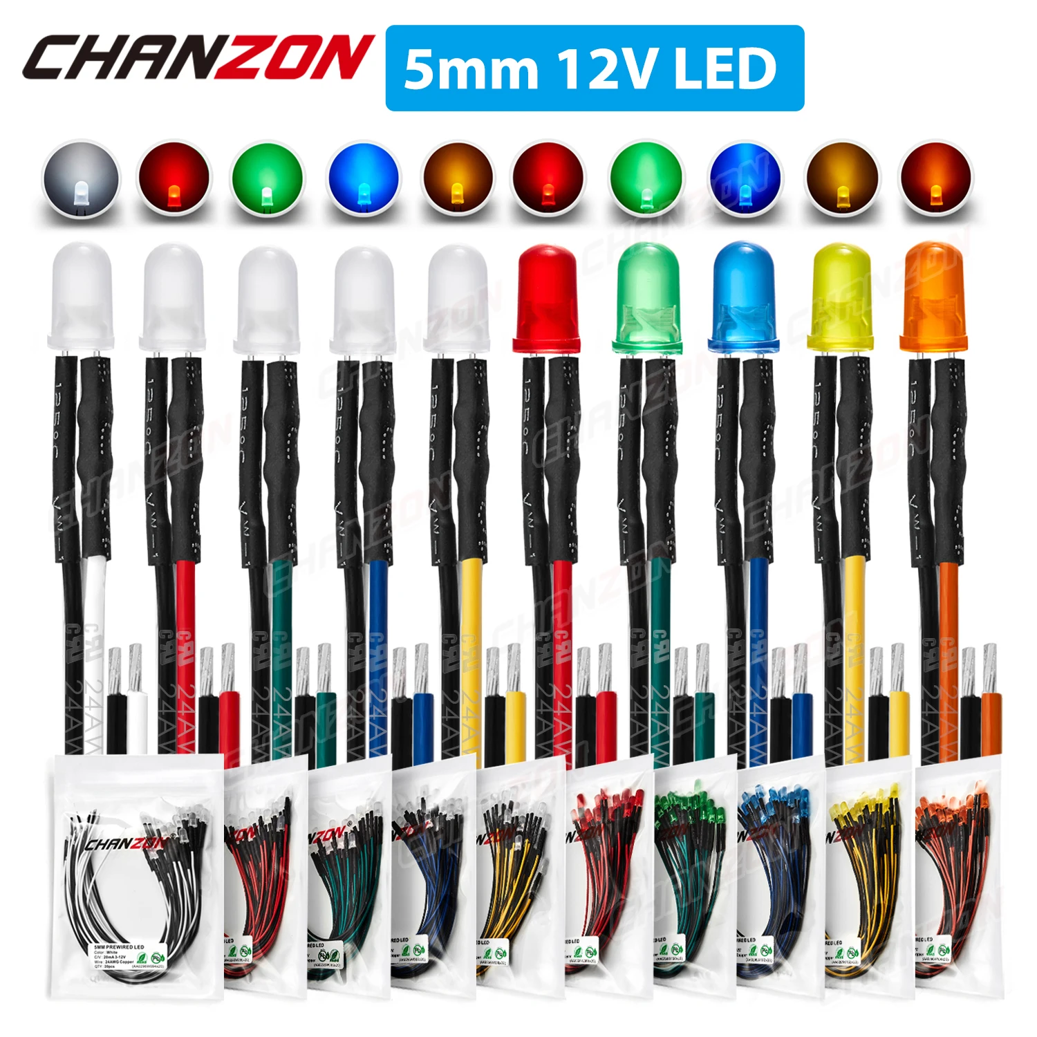 Kit Led Precablato Da 5Mm Diodo Luminescente 12V Diffuso F5 Micro Bianco Rosso Verde Blu Giallo Arancione Set Di Lampadine Per Cavi Precablati