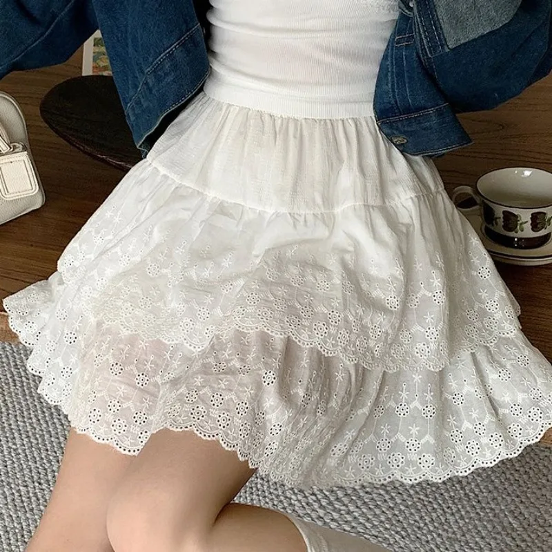 Sweet Kawaii White Fluffy Cake Skirt Women Y2k Embroidery A-line Harajuku High Waist Mini Skirt Student Skirts Women Clothing
