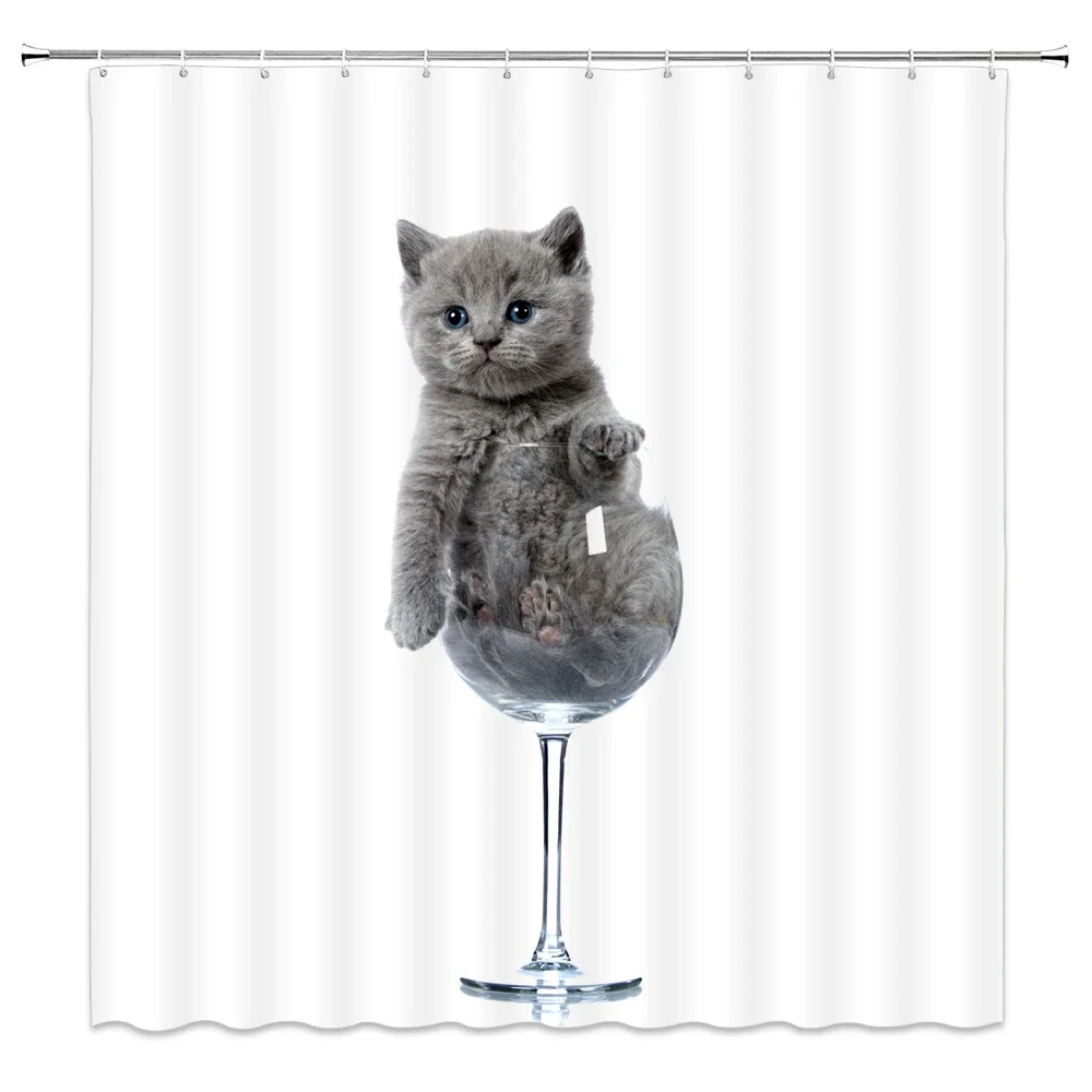 thumbnail image 1 of Cortina de ducha de animales divertida, decoración, lindo Gato, hogar, baño, conjunto de tela de baño de poliéster, gancho para cordón, 1 of 5