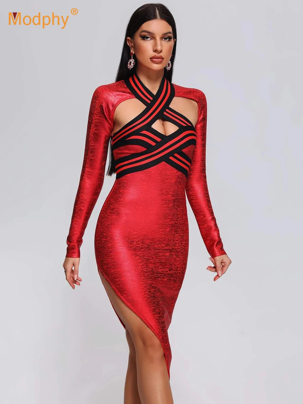 

Modphy Red Long Sleeve Foiling Print Bodycon Sexy Hollow Out Bandage Asymmetrical Dresses Elegant Evening Party Dress Vestidos