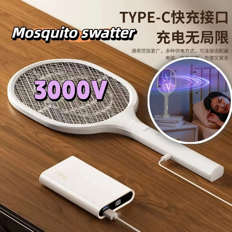 Handheld Electric Fly Swatter 3000v Bug Zapper Racket 2 In 1 Fly Swatter USB Rechargeable Mosquito Killer Lamp Pest Control