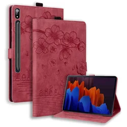 Elegant 3D Embossed Floral Cat Wallet Tablet Cover - Tab S9 (11 inch) (Red - sakura)