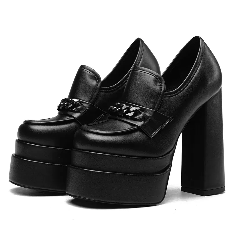 

Chain High Platform Pumps Women Black Leather Single Shoes Chunky High Heel Office Lady Shoes Buckle Mary Jane Sandals Ins Hot