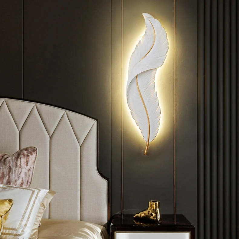 Modern Nordic Creative Feather Light Led Wall Lamp Bedroom Bedside Lighting Living Room Tv Background Wall Decoration Resin Lamp plug in wall lights