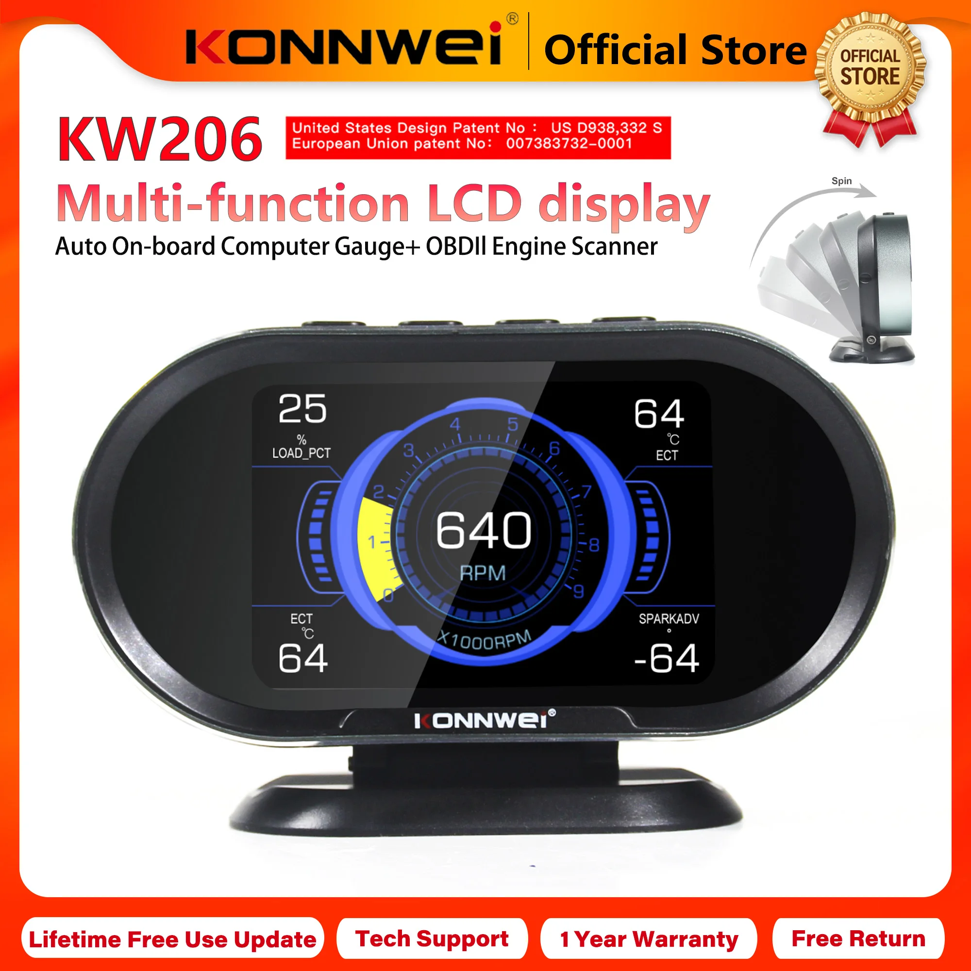 KONNWEI Car OBD2 HUD KW206, Digital Instrument Computer with Intelligent Speedometer Water Temperature and Fuel Pressure Tester 2026