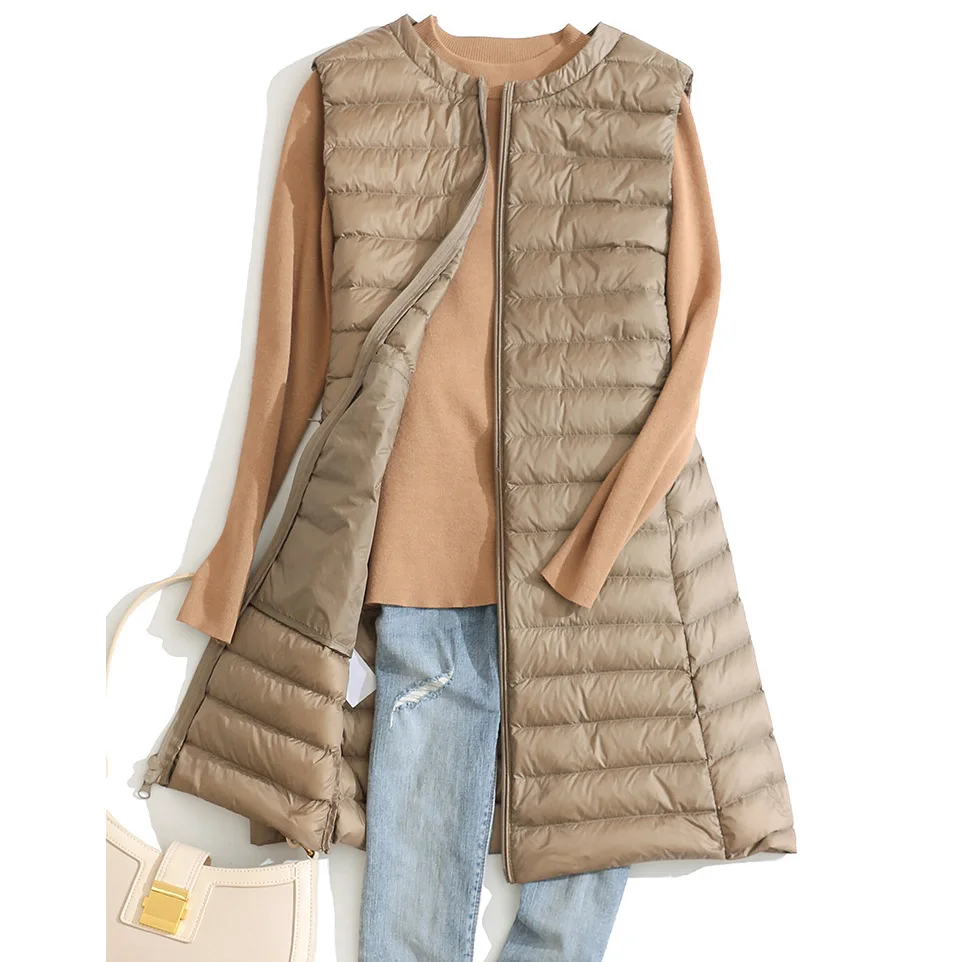 

Long Ultra Light Down Jacket Women Sleeveless Zipper Winter Coat Puffer Feather Padded Vest Jacket Slim Female Windbreaker 2023