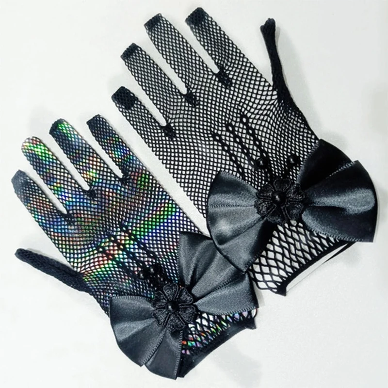 Girls Mesh Bow Lace Gloves Elastic Fishnet Solid Princess Gift Mittens Party Birthday Ceremony Coronation Ornament Accessories