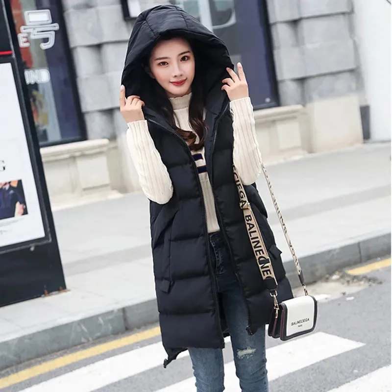 

2023 New Women's Vest Jacket Down Cotton Vest Autumn Winter Jacket Hooded Long Coat Sleeveless Loose Female Waistcoat Snow Wear