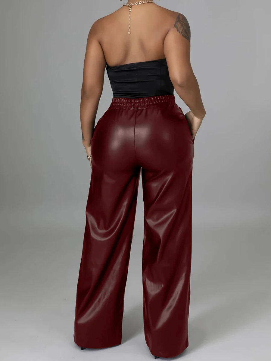 Black PU Leather Pants Pocket Loose Slit Wide Leg Pant Fashion Street Trend Women's Casual Bottoms