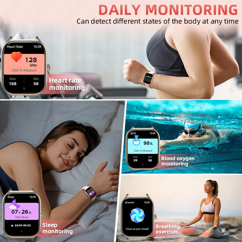 LIGE Smart Watch Women Men 2.01''inch Outdoor Sport Waterproof Bluetooth Call Sports Fitness Smart Watches Ladies Smartwatch New