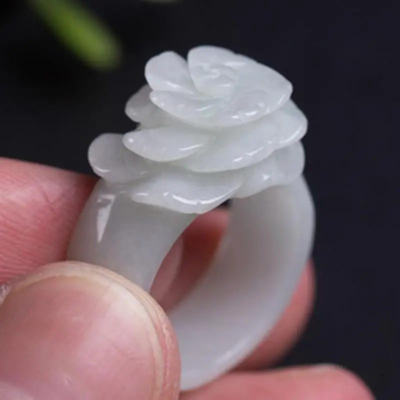 

Natural Jadeite Rose Ring Women Jade Band Fine Jewelry Accessories Burma Jades Stone Hand Carved Flower Rings Lucky Amulet Gifts