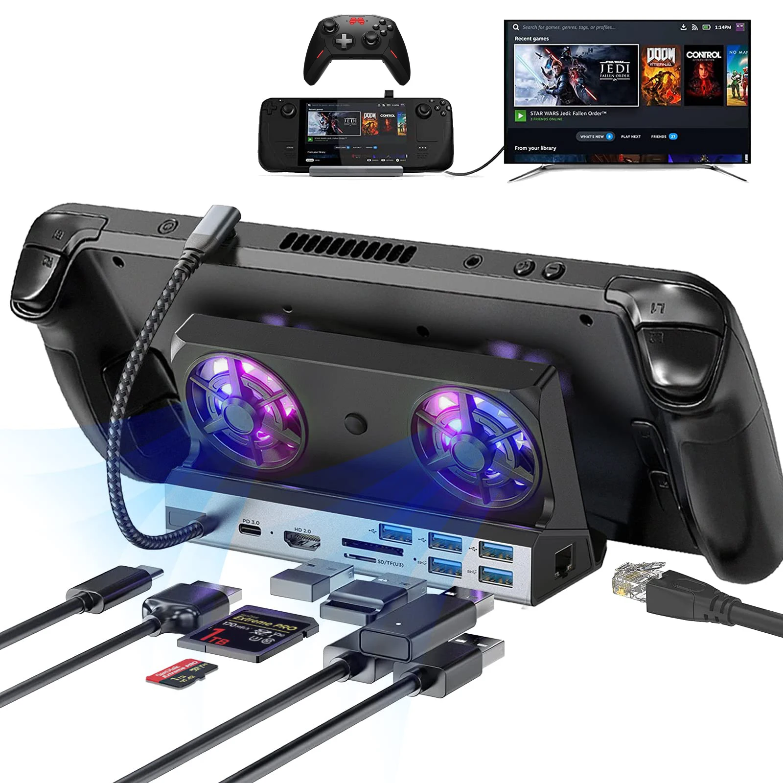 

Док-станция с вентилятором 10 в 1, HDMI 2,0, 4k @ 60 Гц
