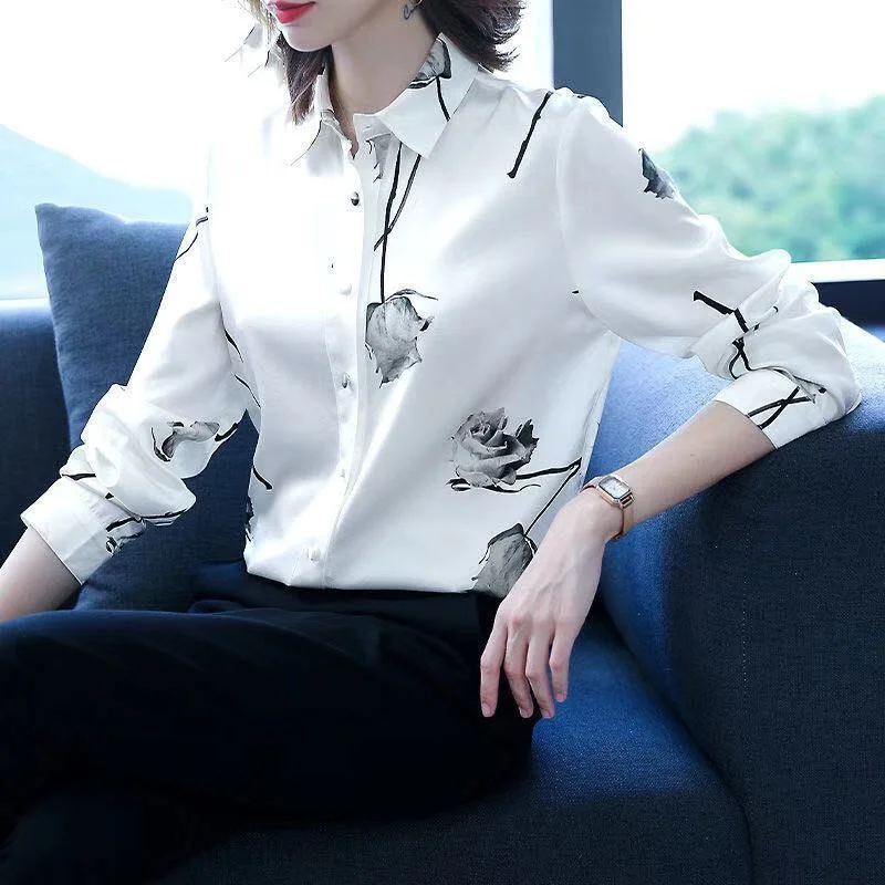 S-4XL Women's Floral Print Office Blouses and Tops Oversized Fall Shirts Black White Long Sleeve Shirts Workwear new 3 5cm belt fashion automatic buckle men s genuine leather waistband high quality leisure luxury workwear design black belt