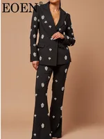 EOEN Patchwork Diamonds Two Piece Set For Women Notched Collar Long Sleeve Blazer High Waist Flare Pant Chic Sets Female 1