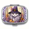 A Gorgeous Cat Wizard Medicine Kit - Mini 2-Grid Metal Medicine Organizer, Portable Travel Pocket Medicine Kit - Ideal Gift 1