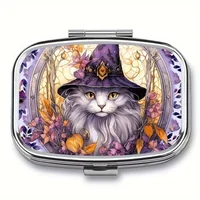 A Gorgeous Cat Wizard Medicine Kit - Mini 2-Grid Metal Medicine Organizer, Portable Travel Pocket Medicine Kit - Ideal Gift 1