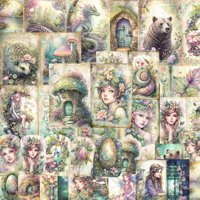 56pcs Paper and Sticker Spring Forest Fairy Theme for Gift Tag DIY Paper Craft for Junk Journal Scrapbooking Adventure Alblum