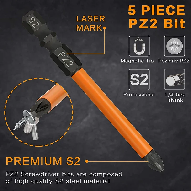 5Pcs PZ2 Impact Screwdriver Bits Set 75mm Pozidriv Driver Bit Screw Driver Power Drill Bits