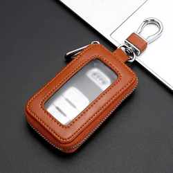Leather Car Key Holder with Mirror Window - Retro Keyring Wallet and Zipper Pouch (YELLOW)