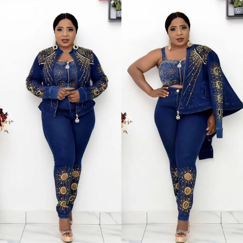 3 Piece Set Women Outfit Sexy Denim Crop Top Long Sleeve Coat High Waist Pencil Pants Sets Luxury Diamonds Ladies Tracksuits
