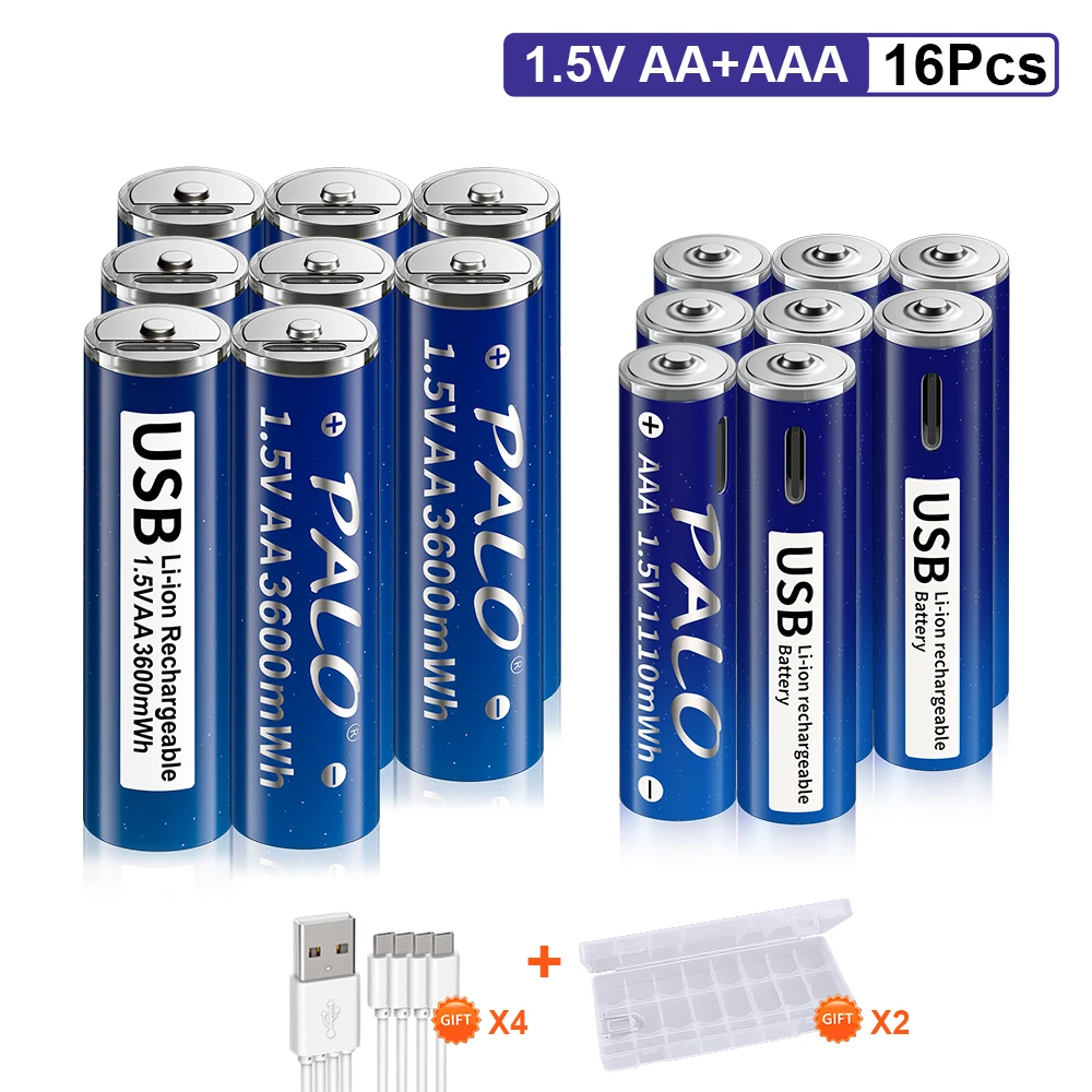 1.5V AA USB Rechargeable Li-ion AA Battery 3600mWh +USB 1.5V AAA Lithium Rechargeable Battery AAA 1110mWh with USB Cable