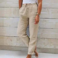 Women Summer Autumn Breathable Cotton Linen Trendy Pants Elastic Waist  Straight Leg Solid Color Female Casual Baggy Trousers - Image 2