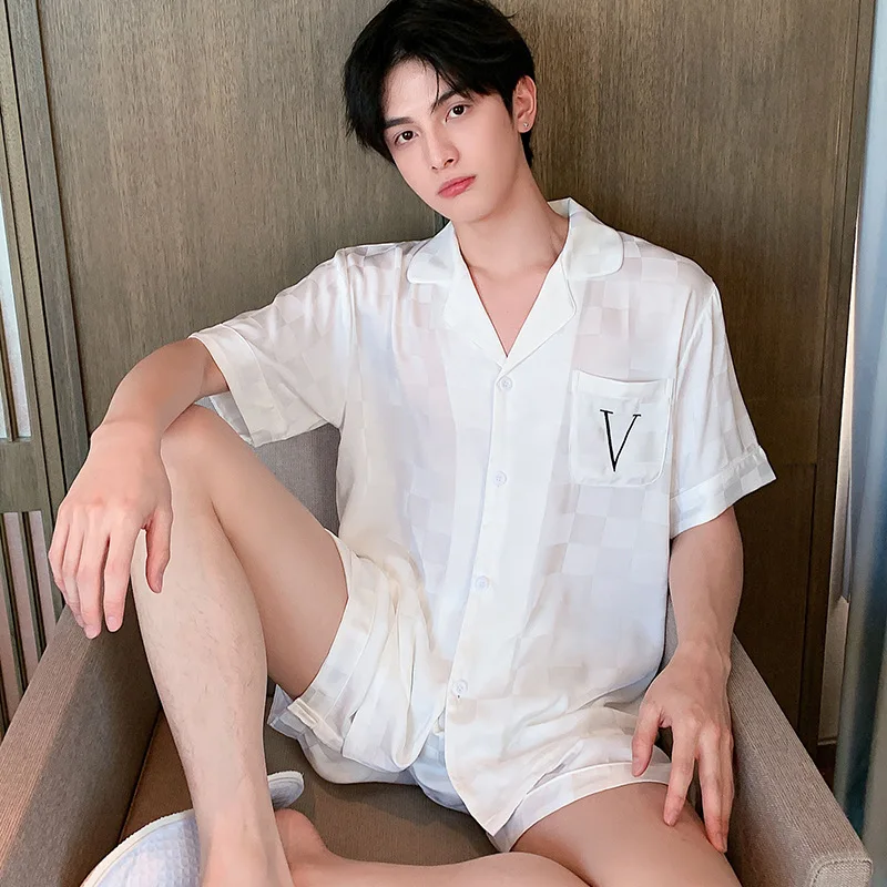 Men's Summer Ice Thin Silk Pajamas Short Sleeve Shorts Two Piece Set Oversized Loose Fitting Casual Jacquard Home Clothing