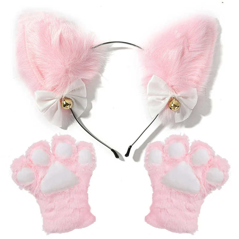 Cat Ear Maid Gloves Cosplay Costume Set Plush Ear Bell Headband Hair