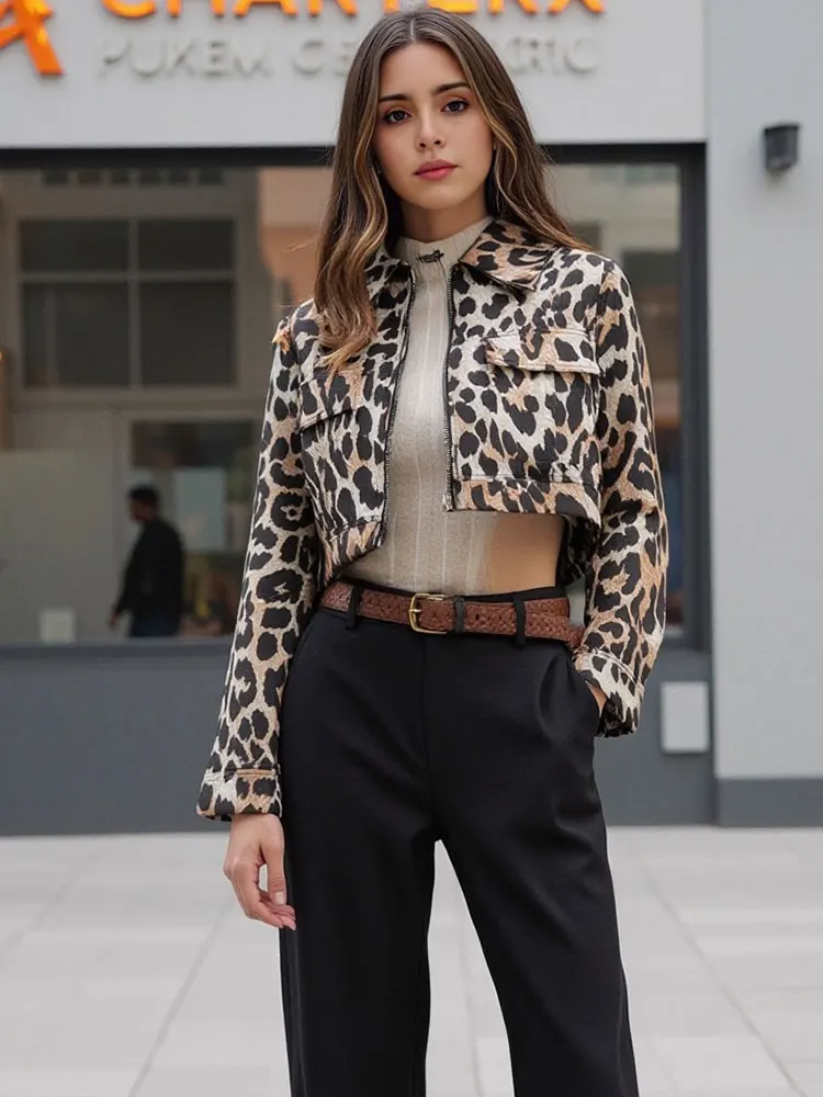 HH Leopard Print Cropped Coat Women Zipper Long Sleeve Jackets Streetwear Spring Women's High Street Lady Outwear