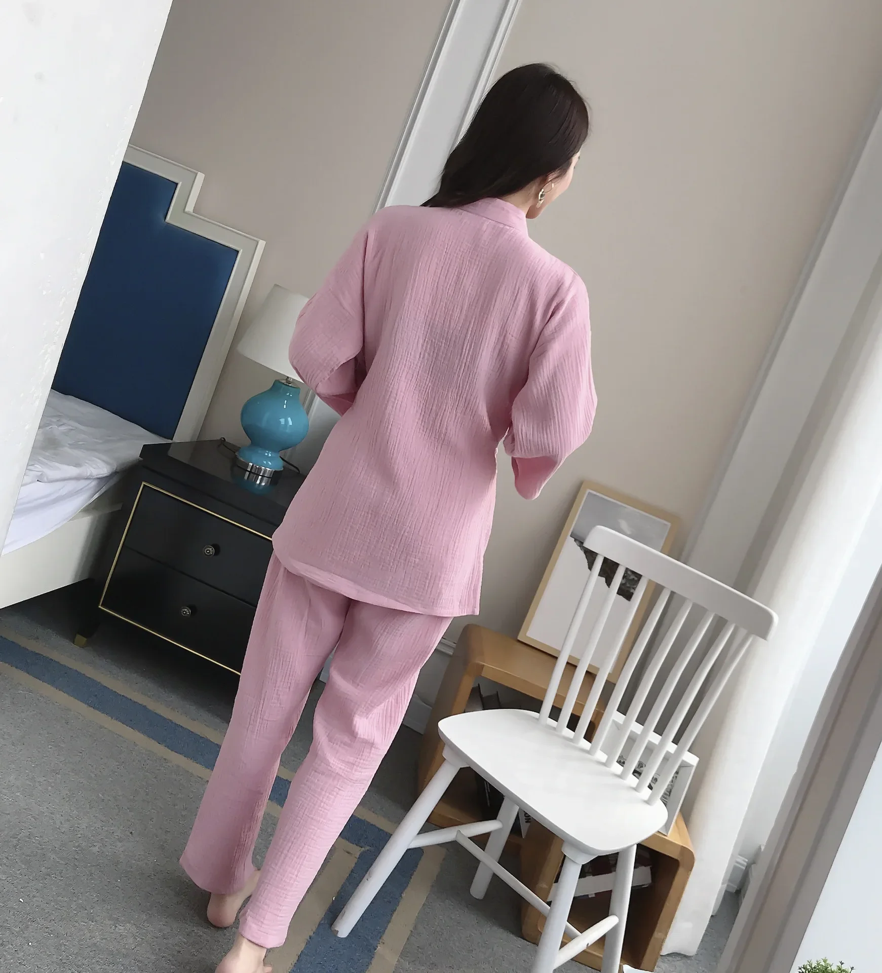 커플 솔리드 컬러 코튼 긴 소매 기모노 가운 긴 바지 2 Pcs 세트 Homewear Loungewear 여성 잠옷 의류