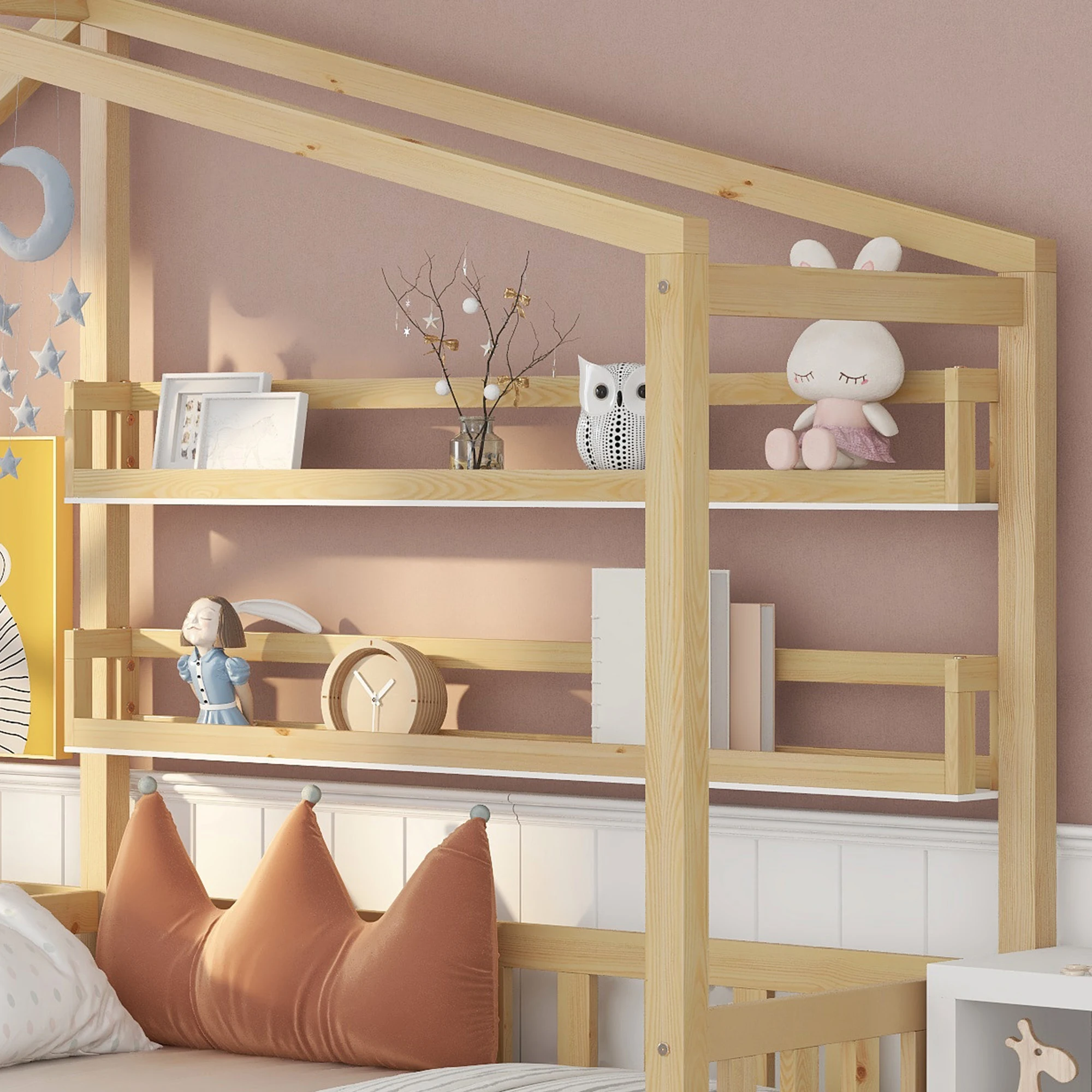 Kinderhausbett mit Schubladen und Regalen, Massivholz mit Zaun und Lattenrost, L-Form, naturfarben (90x200 cm+140x70cm) – Detail 10