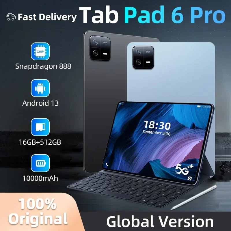 

2024 Original Global Version Pad 6 Pro Snapdragon 888 Tablet PC Android 13 10000mAh RAM 16GB ROM 1TB 5G HD 4K Screen WIFI Mi