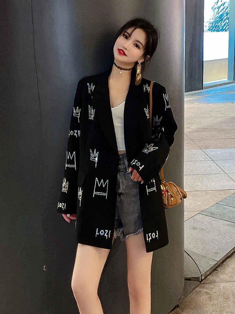 Trendy Black Suit Coat 2022 New Spring Autumn Loose Crown Hot Drilling Mid-long Blazers Elegant Long Sleeve Streetwear Jackets