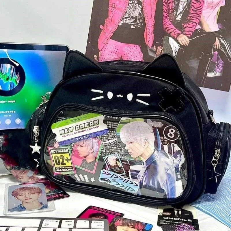 New Y2K Korean Kawaii Cat Ita Bag Cute PU Shoulder Bag Girls Transparent Pocket Harajuku Crossbody Bag Women's Fashion Backpacks 2