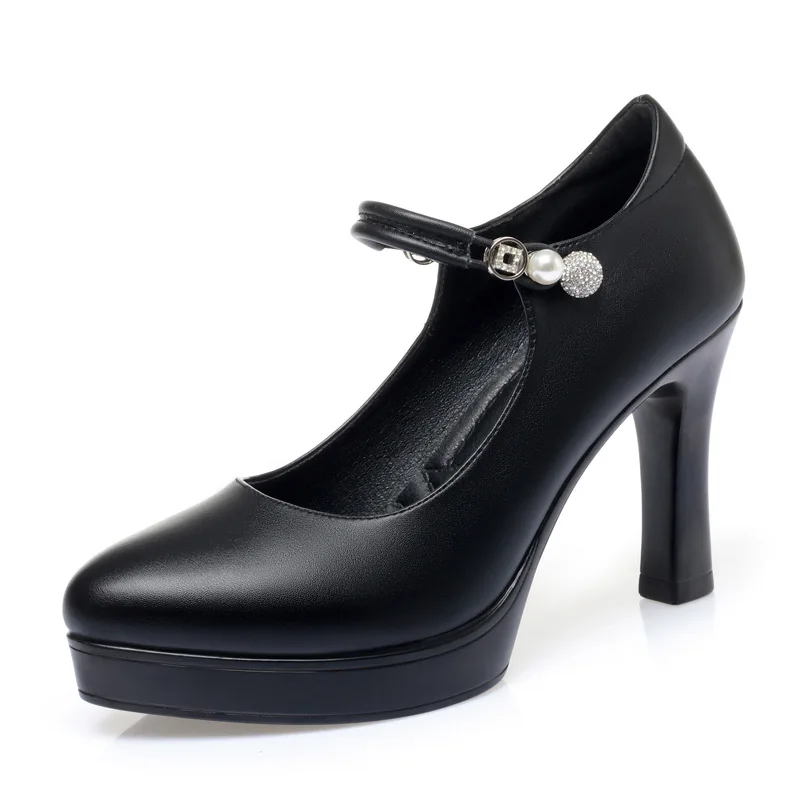 9cm Elegant Shallow Soft Leather Shoes Women Mary Janes Spring 2024 Block High Heels Shoes Platform Pumps for Office Model Mom