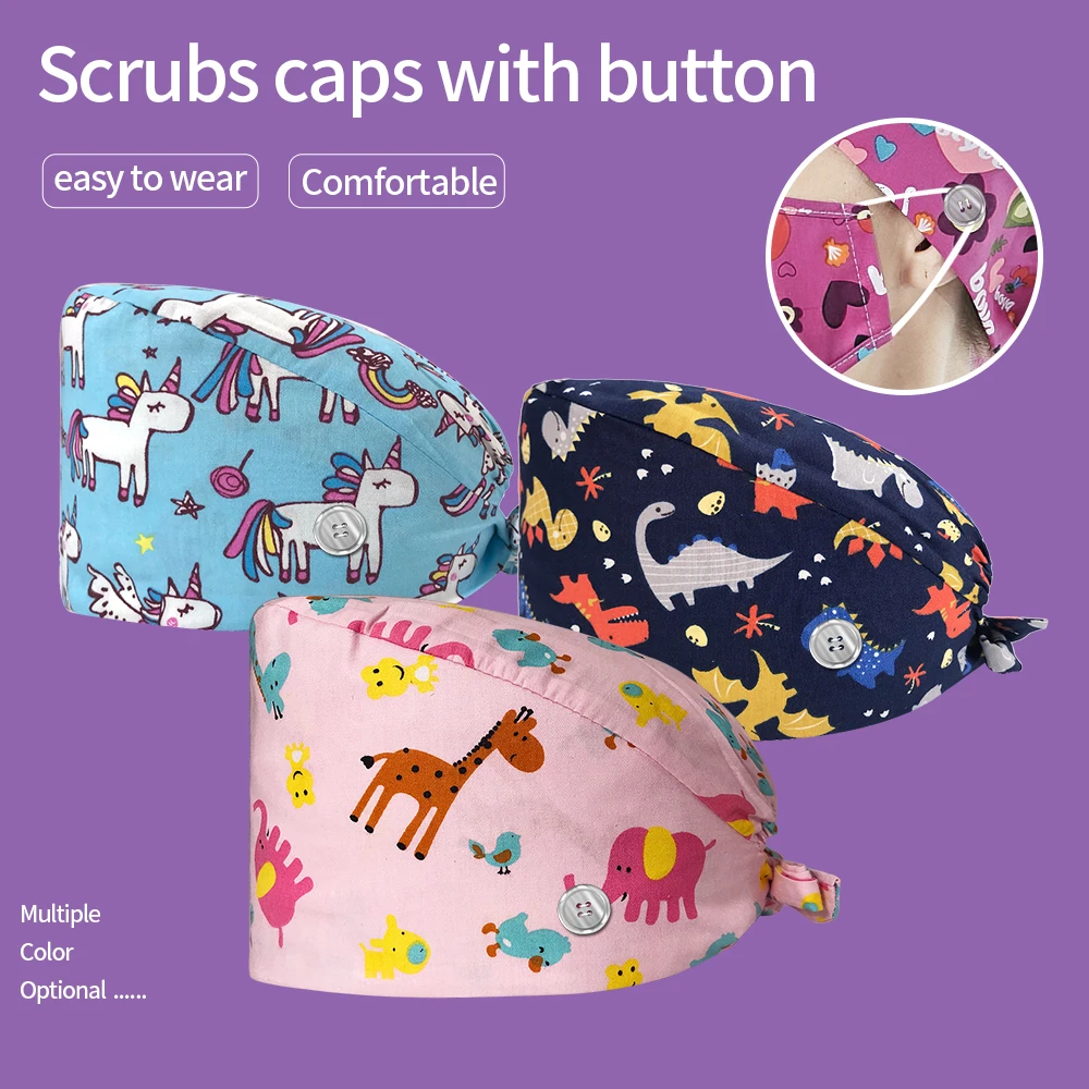 Beautician Work Hat Laboratory Unisex Scrubs Caps Breathable Cute Cartoon Floral Printed Tie Back Pet Shop