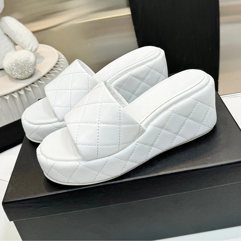 

Summer New Women's Wedges Sandals Geometric Design Upper Platform Sandals Real Leather Material Thick Bottom Female Slippers