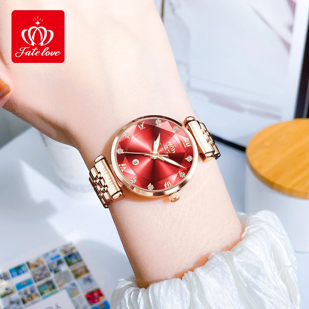 FATE LOVE Elegant Women's Watches Japan Movement Prismatic Cut Mirror Waterproof Stainless Steel Bracelet Sets Gift for Ladies 3