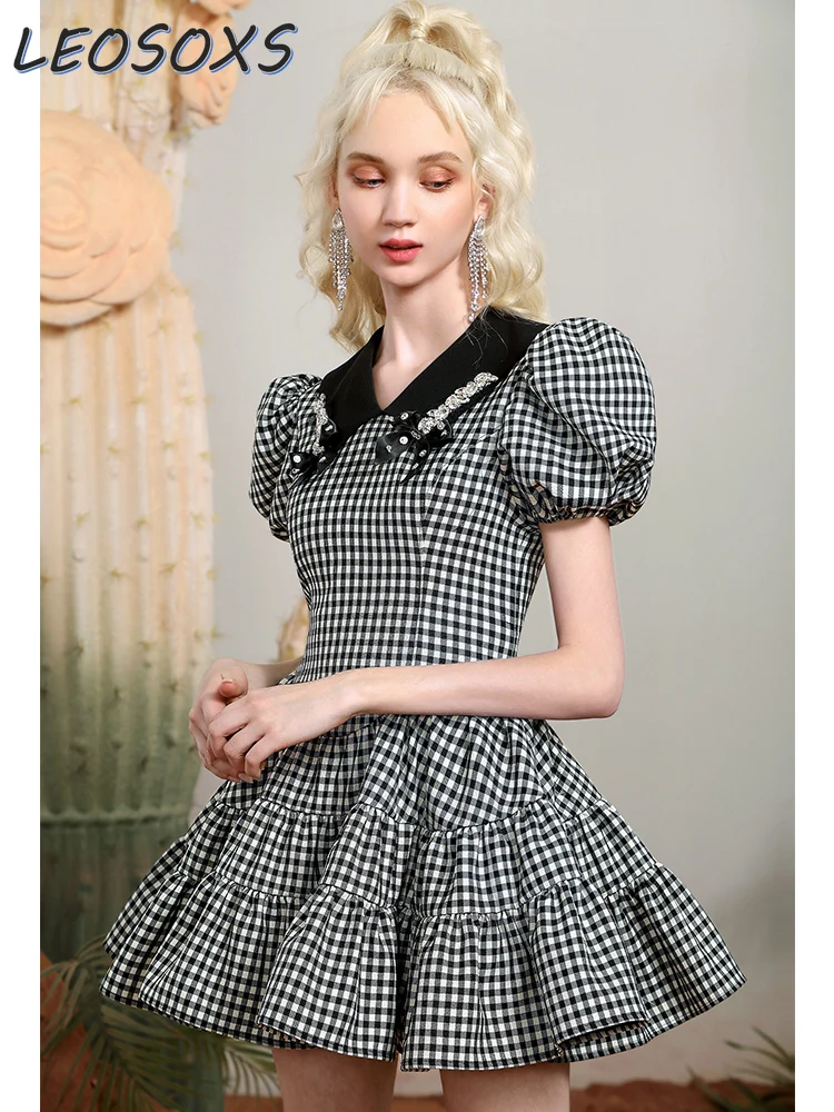 

Retro Black White Lattice Pattern Dress Women Summer New Graceful Bow Diamond Decorations Cute Doll Collar Puff Sleeve Dress