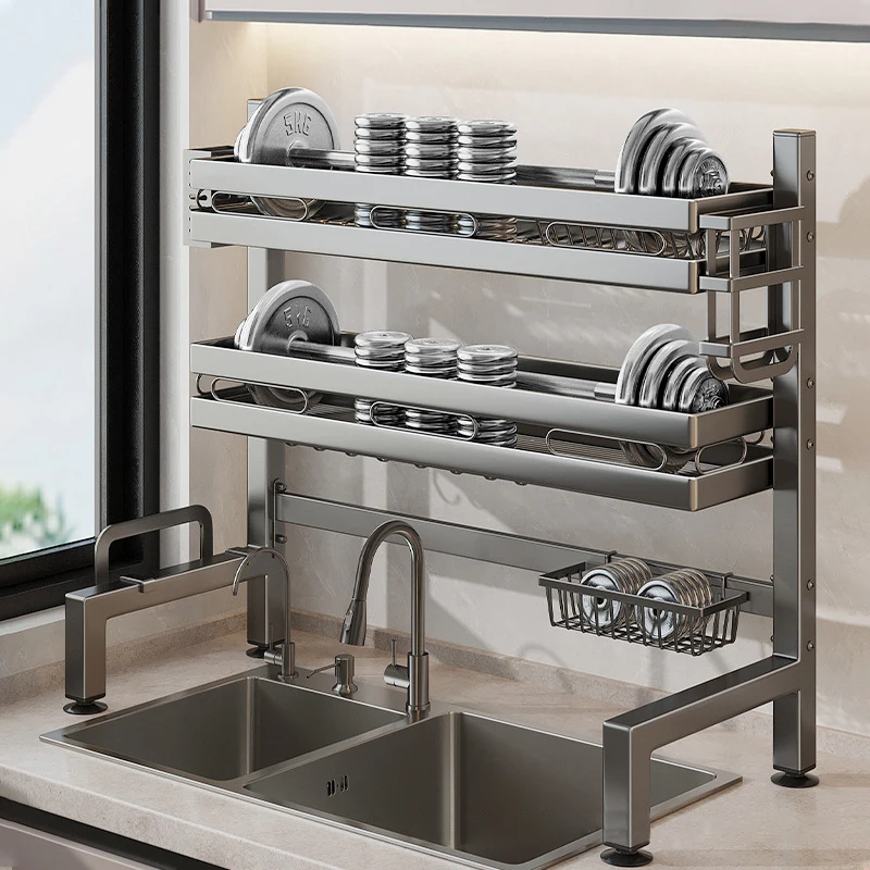 Kitchen Sink Dishwashing Double Layers Tablewares Storage Shelf Multi-functional Dish Drainer Countertop Organizer Accessories 3