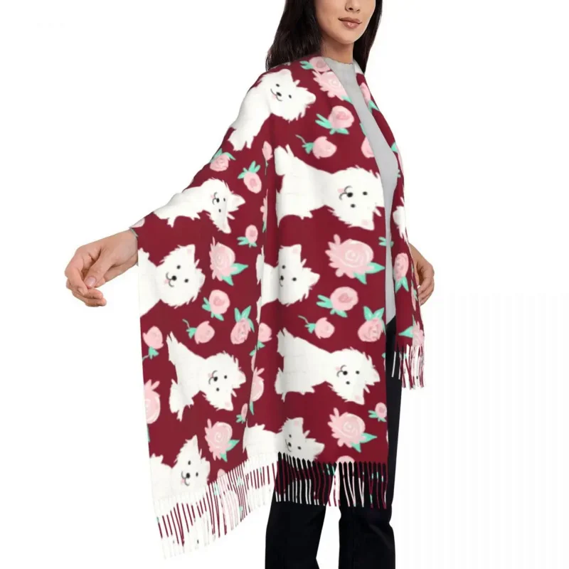 

Stylish Westie Dogs And Rose Flowers Tassel Scarf Winter Warm Shawls Wraps Female West Highland White Terrier Puppy Scarves