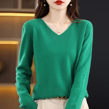 Maglione da donna con scollo a V in lana australiana al 100%, comodo, morbido e tinta unita, maglione a maniche lunghe 201 1