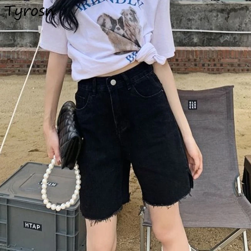 

Denim Shorts Women Black Minimalist Tassel Design Classic Ulzzang Colleges Side-slit Summer Straight Trendy Leisure All-match