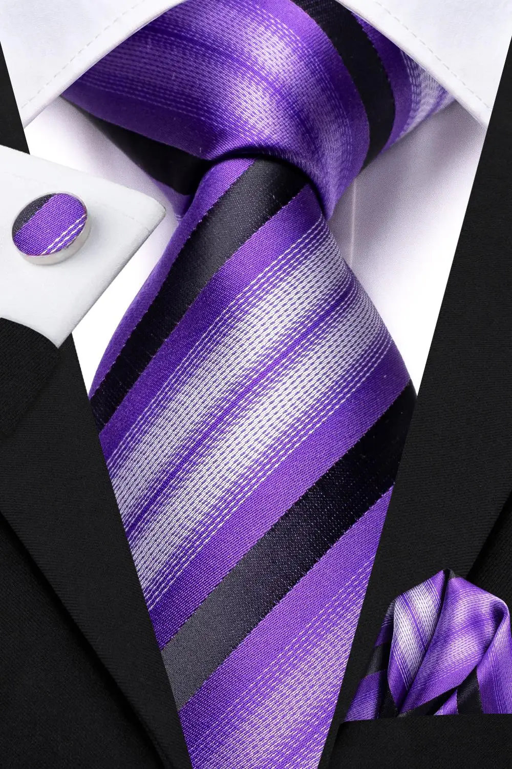 Lila Schwarz Gestreifte Seide Hochzeit Krawatte Für Männer Einstecktuch Manschettenknopf Geschenk Männer Krawatte Mode Business Party Dropship Hallo-krawatte Designer – Detail 8
