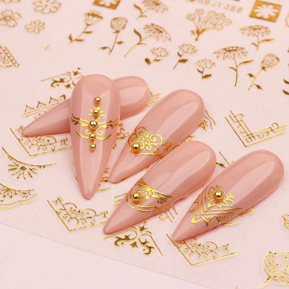 Nail Stickers Nail Art Decoration Nail Decals 12pcs 3D Nail Stickers Gold Flower Leaf Lace Design Geometry Line Nail Art Sliders Manicure Polish Decal Wrap Decorations JIHBJY
