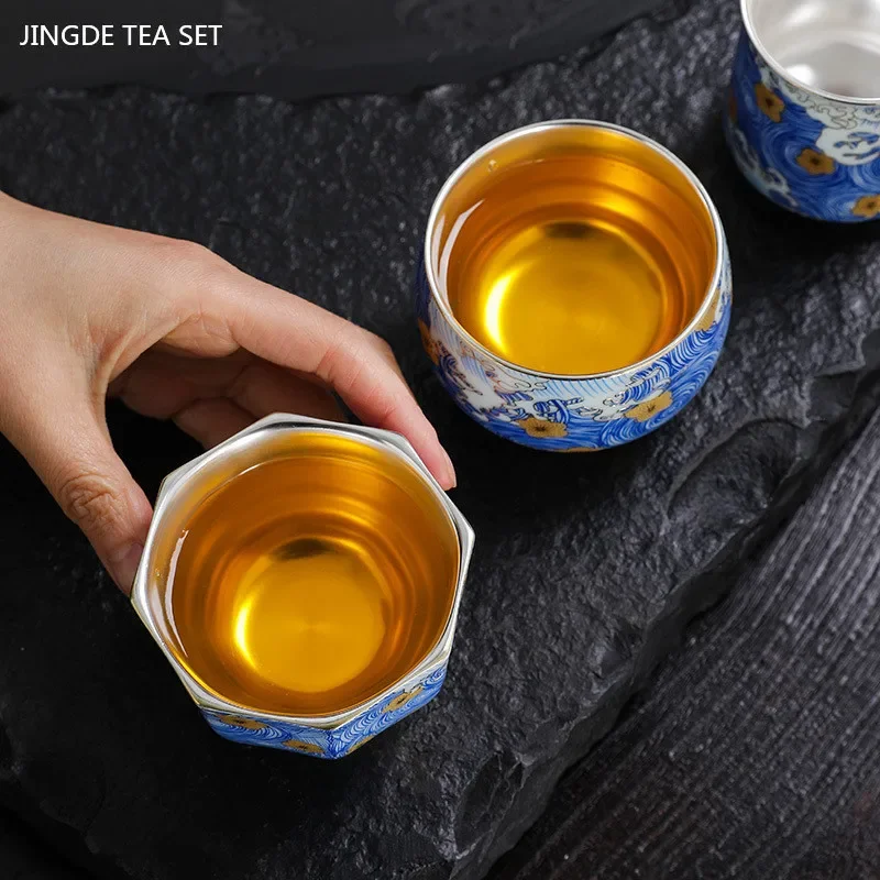 1Pc High-grade Silver Tea Cup Vintage Enamel Ceramic Teacup Chinese Handmade Master Cup Custom Tea Set Gifts Meditation Cup