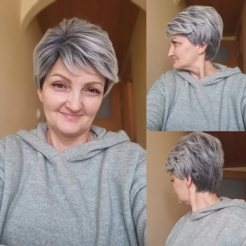 

Women's Fashion Short Hair Wig Pixie Cut Hairstyle Grey Ombre Heat Resistant Synthetic Cosplay Party Wig Soft Healthy Mommy Wig
