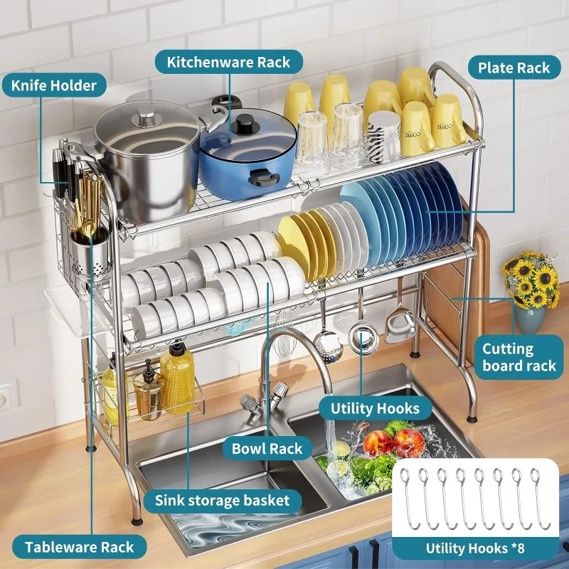 Description Picture 3 of itemStainless Steel 2-Tier Over The Sink Dish Drying Rack with Utensil Holder, Large, for Kitchen Counter