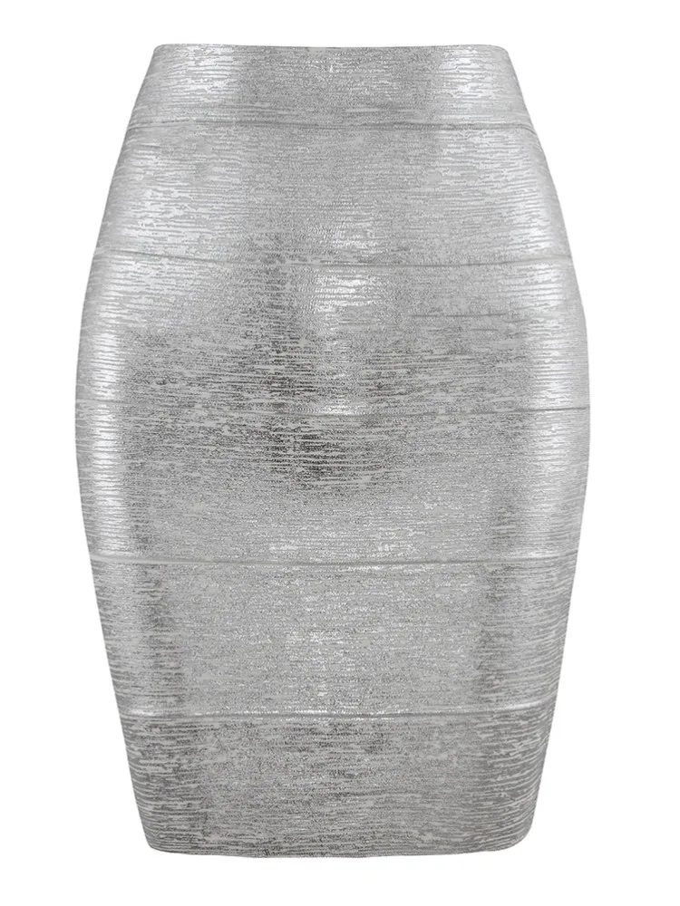 HQBORY Women's Silver Metallic Leather Bandage Skirt - High Waist Mini Pencil Skirt For Office & Party