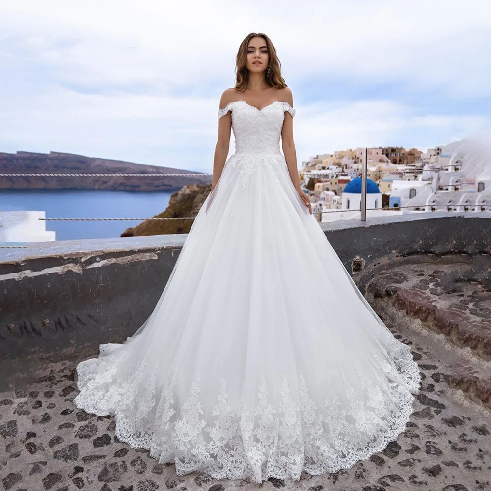 

Luxury Boho Off The Shoulder Wedding Dresses 2023 For Women Lace Appliques A Line Bridal Gown Lace-Up Backless Robe De Mariée